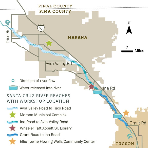 Map of Santa Cruz River reaches and workshop locations
